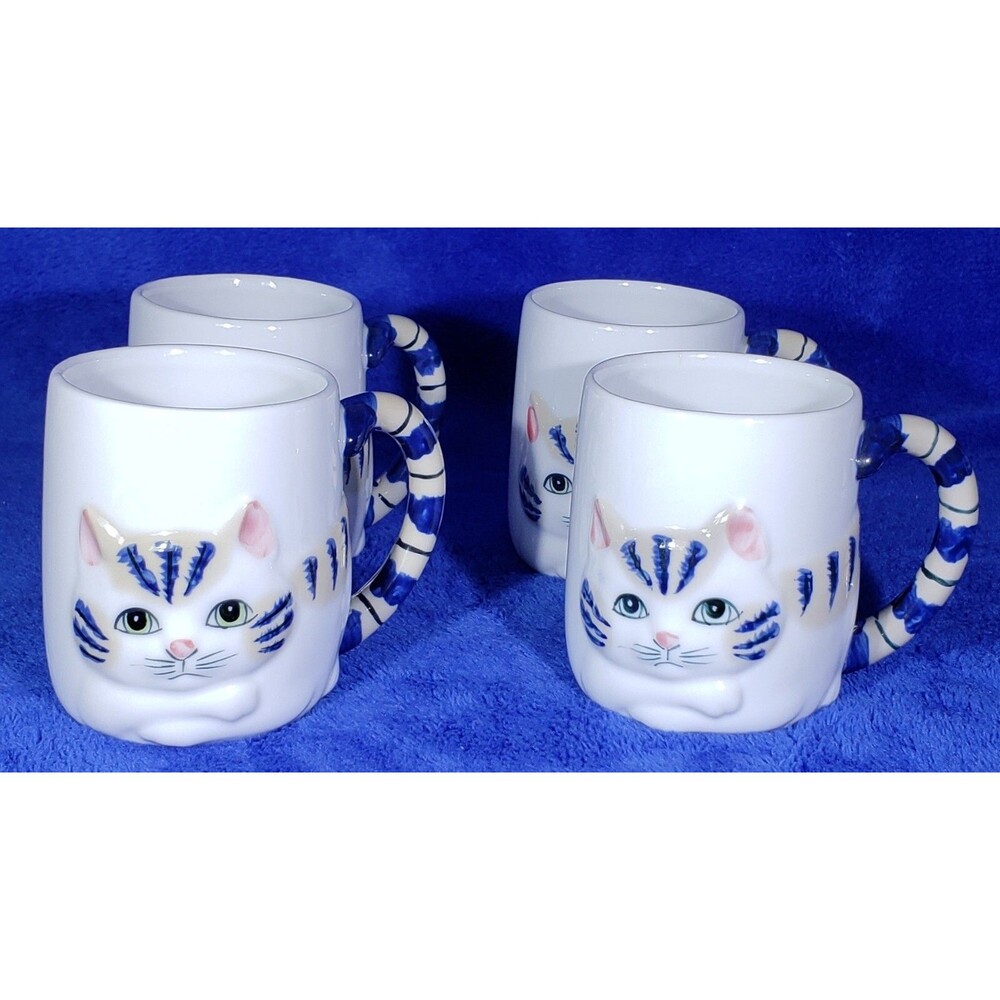(4) Vintage Striped Kitty Cat Mug 3D Effect Blue Tan Tail Coffee Cup